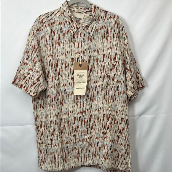 Vintage Silk cream rust blue patterned washable silk short sleeve shirt NWT XXL - Picture 1 of 12